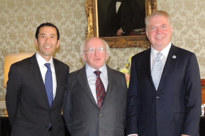 Irish President Michael D. Higgins center will visit Seattle this week. Seattle Mayor Ed Murray right and Seattle First Gentleman Michael Shiosaki left were among a Seattle delegation that visited Ireland last year. Photo by City of Seattle.