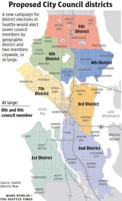 Seattle's new City Council districts, which critics say don't appropriately represent minority populations. (Map via The Seattle Times — used by permission)