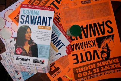 Campaign pamphlets for Indian-American Socialist candidate Kshama Sawant. (Photo by pnwbot via Flickr)