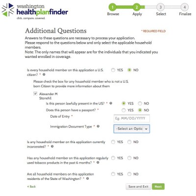 A screenshot of the Healthplanfinder site showing some of the questions posed to non-citizens to determine eligibility.