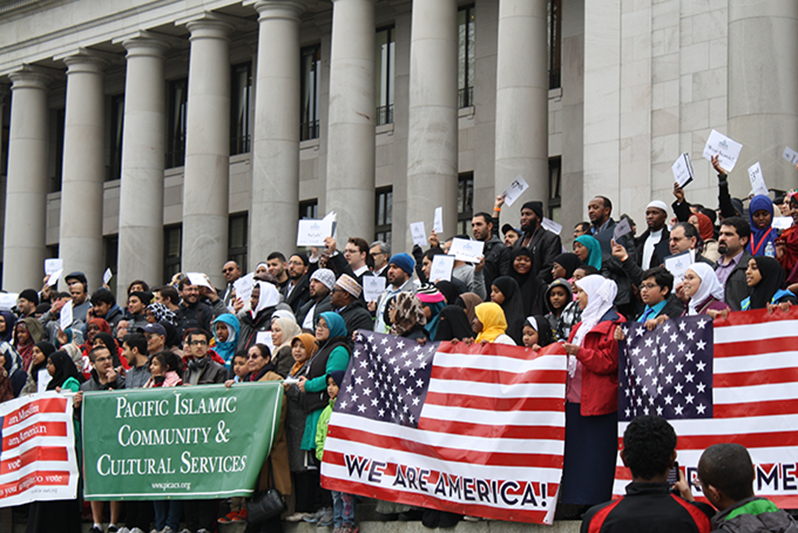 More than 500 Muslim Americans gathered in the state capitol in Monday to send a clear message to the Legislature: protect low-income housing, pass the DREAM Act and vote against invasive drone surveillance. (Photo by Atia Musazay)