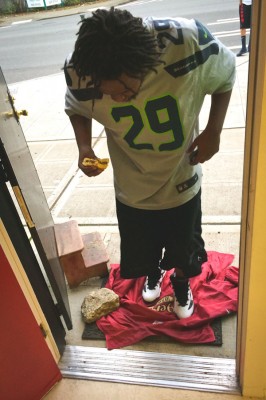 The Ethiopian-American owned Rainier Mini Mart showed their 12th man spirit during the NFC Championship by laying out a 49ers jacket in their doorway... and later burning it. (Photo by Colleen McDevitt)