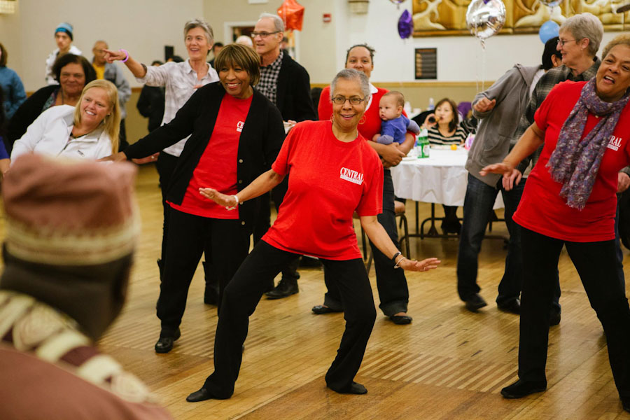 Members of the Central Area Senior Center Sliders Dance Group learn some West African moves at the November World Dance Party. (The World Dance Party held at the Filipino Community Center in November. (Photo by Steven Zhang)