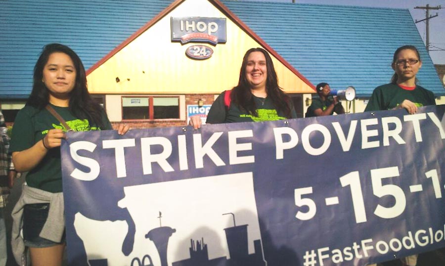 Fast food workers demonstrate outside the Capitol Hill IHOP. (Photo courtesy Working Washington)