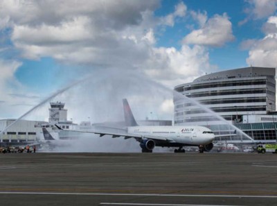 Delta’s inaugural flight to Hong Kong from Sea-Tac Airport in June. (Photo by Don Wilson/Port of Seattle)