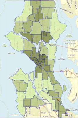 Map of Seattle showing major crimes in 2012 by neighborhood reveals "dangerous" areas of Southeast Seattle have lower crime rates than Fremont and the U District. (Map via Seattle.gov — darker areas indicate more reported crimes)
