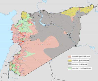 A map of the Syrian Civil War shows Kurdish controlled regions in the north (yellow), ISIS strongholds in Eastern deserts (black), areas still controlled by the Assad regime (red), and pockets of anti-Assad forces like the FSA and Nusra Front (green). (Map from Wikipedia)
