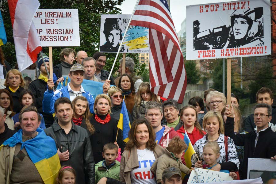 Ukrainians, Russians, and Americans standing together for "Seattle in memory of Boris Nemtsov and support of Nadejda Savchenko," a rally organized by Seattle-based Russian-Americans and UAWS. (Courtesy photo)