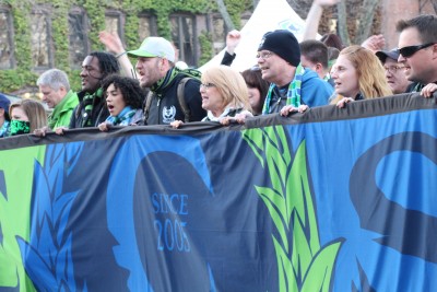 Emerald City Supporters lead the March to the Match from Pioneer Square to Century Link Field (Photo by Justice Magraw)