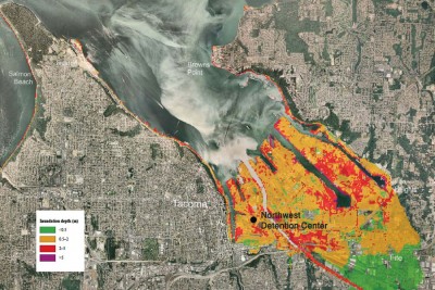 A model showing inundation by a tsunami that would be generated by an 7.3 earthquake on the Seattle fault, which would put the Northwest Detention Center under more than 6 feet of water. (Map from NOAA and the Washington Dept. of Natural Resources, edited to show NWDC location)