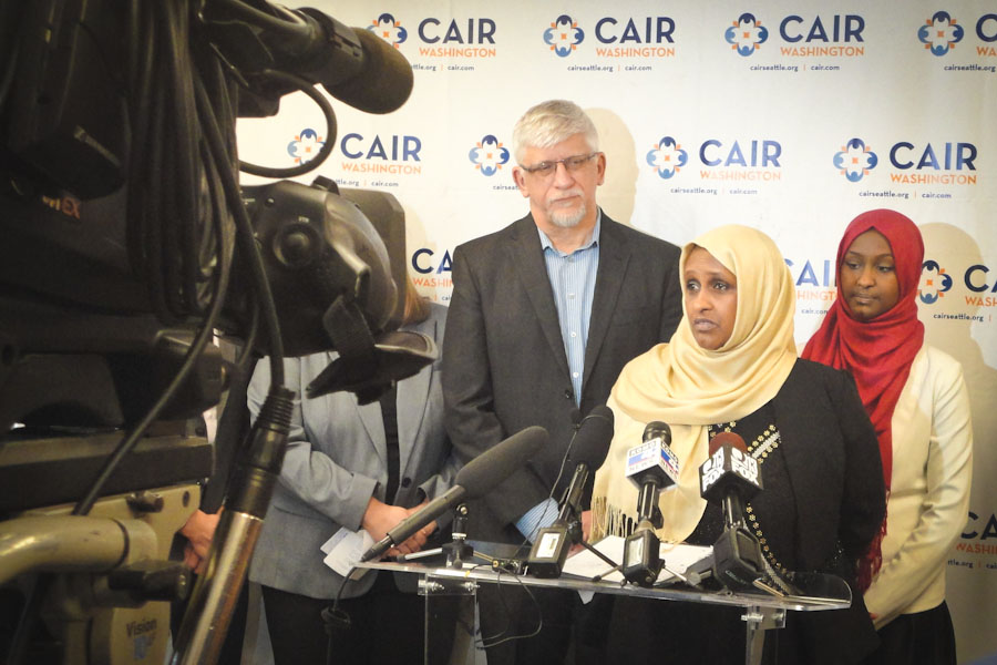At a press conference organized by CAIR-WA Ethiopian American Aisha Gobana spoke out about an incident in March when she says she was threatened by a man with a gun in a SeaTac gas station who said "I don’t trust Muslims, I trust my gun." (Photo courtesy CAIR-WA)
