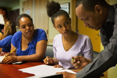 Students Embet Amerdtison (left) and her daughter Elshadaie Zeleke, both from Ethiopia and Netsereab Lewokie from Eritrea in their Ready to Work class, offered by the City Office of Immigrant and Refugee Affairs. (Photo by Ellen Banner / The Seattle Times)