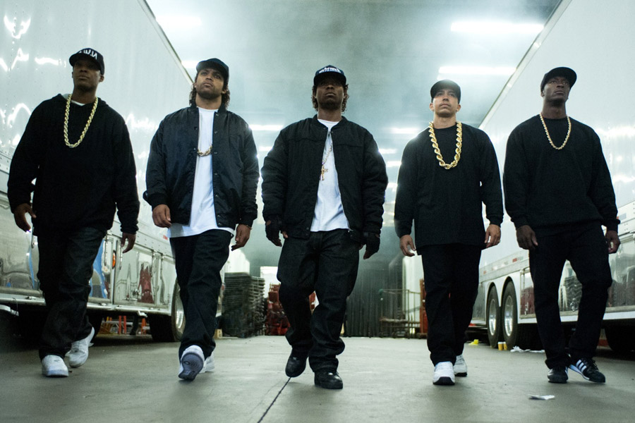 Members of N.W.A. as depicted in the new film 'Straight Outta Compton,' which opened to big audiences and beefed up security at movie theaters last weekend.