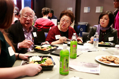 Tomio Moriguchi, left, Bettie Luke and Gail Nomura attend a luncheon for the nonprofit Densho at the Wing Luke Museum last month. (Erika Schultz / The Seattle Times)
