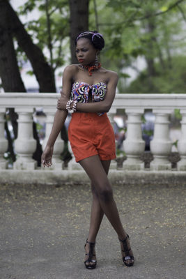 Casual outfit from Aburu Fashion House's spring mini collection modeled by Fauzia Johnson. (Photograph courtesy of James Casson of Visual Passion Photography)