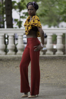 African-inspired outfit from Aburu Fashion House's spring mini collection modeled by Fauzia Johnson. (Photograph courtesy of James Casson of Visual Passion Photography)