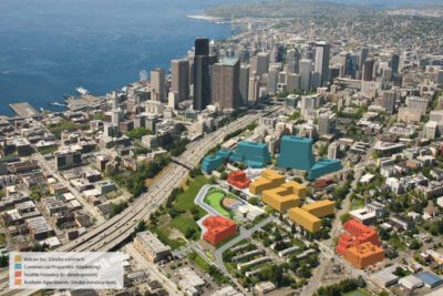 A rendering of the Yesler Terrace project currently underway, including 900,000 square feet of office space in the buildings in blue. (Photo by GGLO via SHA)