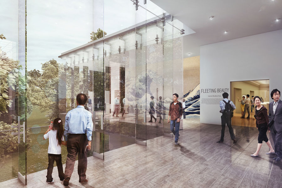 A rendering of museum goers in a glassed in area planned for the renovated Seattle Asian Art Museum. (Courtesy photo)
