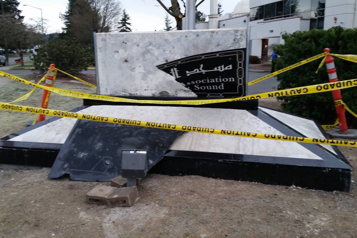 The sign at the Muslim Association of Puget Sound mosque in Redmond was vandalized for the second time in a month. (Photo by Redmond Police Department via Facebook)