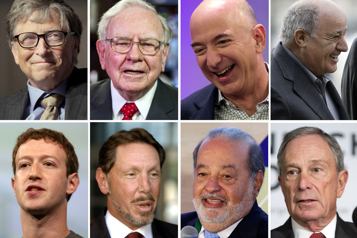 The world's eight richest people: Bill Gates, Warren Buffett, Jeff Bezos, Amancio Ortega, Mark Zuckerberg, Larry Ellison, Carlos Slim and Michael Bloomberg. (Photo from Reuters)